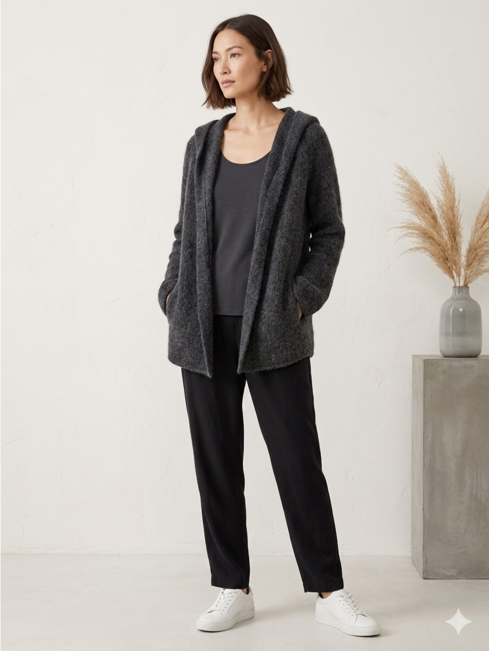 Eileen Fisher Hooded Open-Front Cardigan - Charcoal Gray Size S